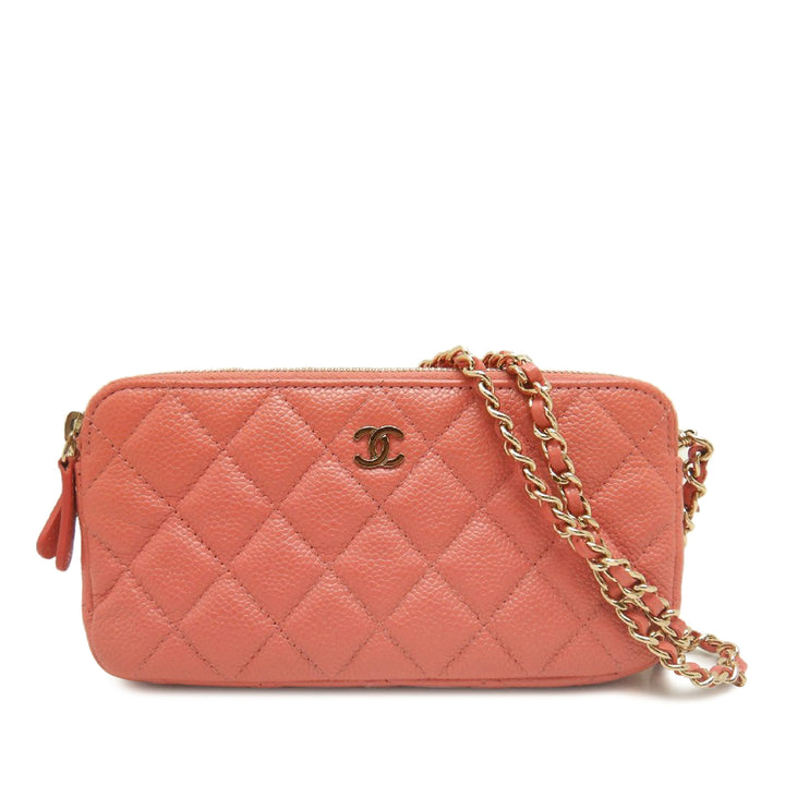 Chanel CC Matelassé Caviar Double Zip Pochette avec chaîne