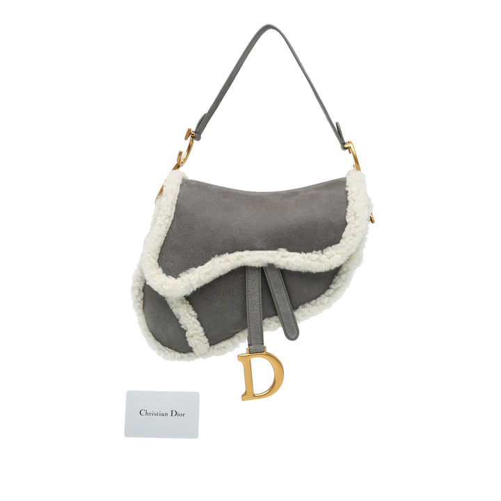 Dior Medium Shearling Suede Saddle Gray - GABY PARIS