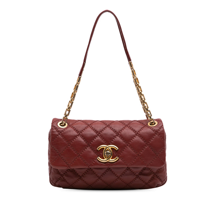 Quilted Calfskin Ultimate Stitch Retro Chain Flap Red - Gaby Paris