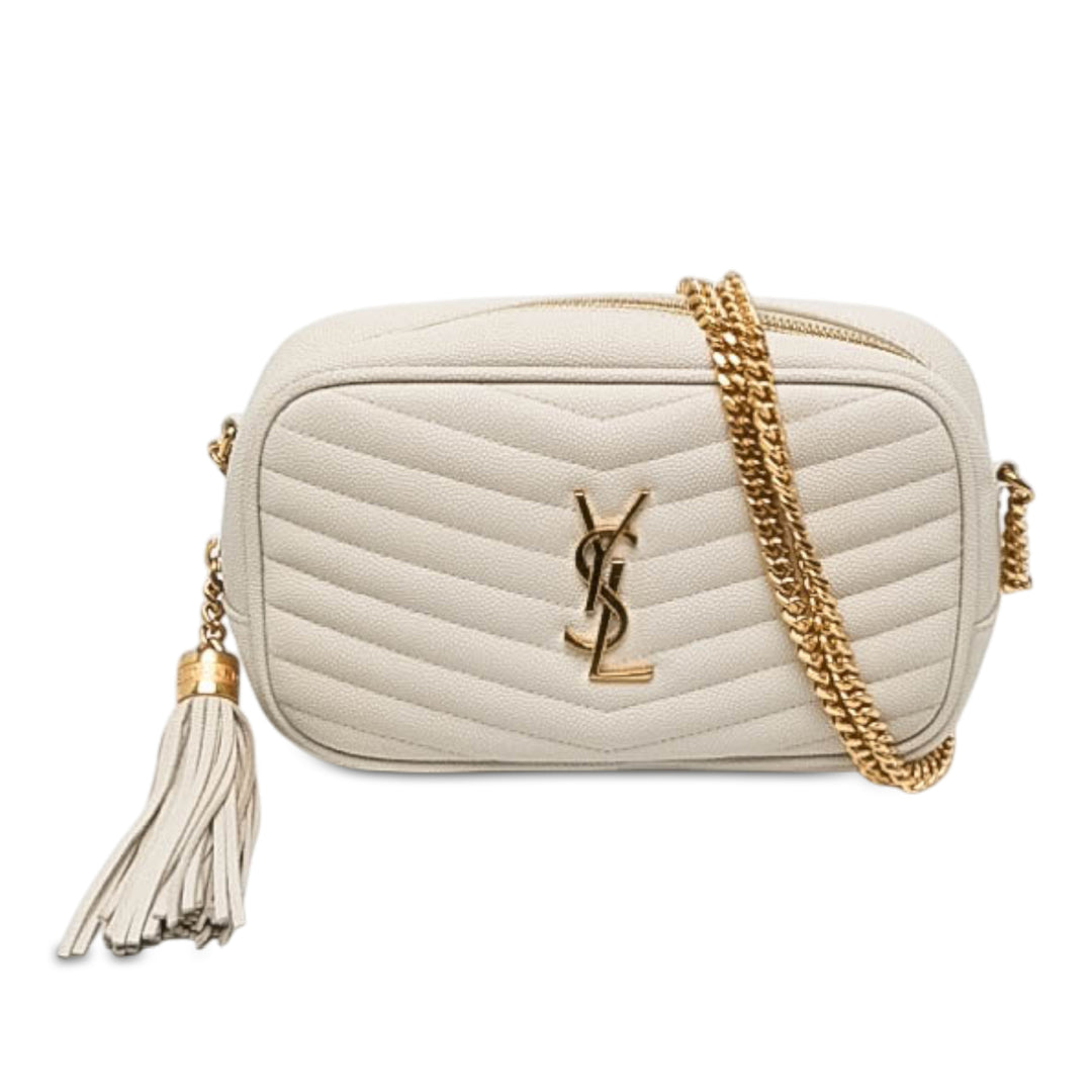 Saint Laurent Grain de Poudre Lou Pompon Sac caméra Mini Monogram Blanc – vue principale – GABY PARIS