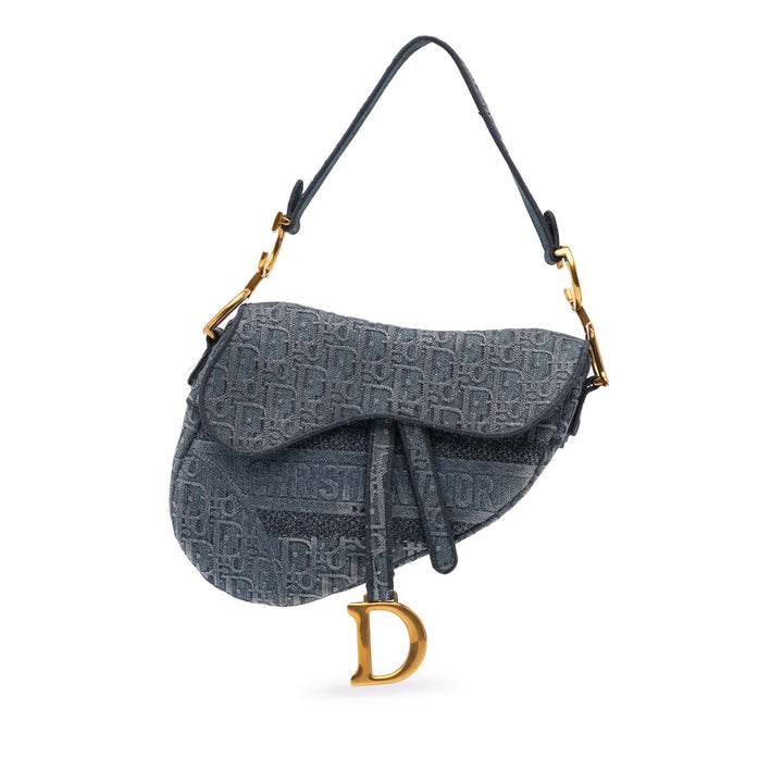 Oblique Embroidered Denim Saddle Bag Blue - Gaby Paris