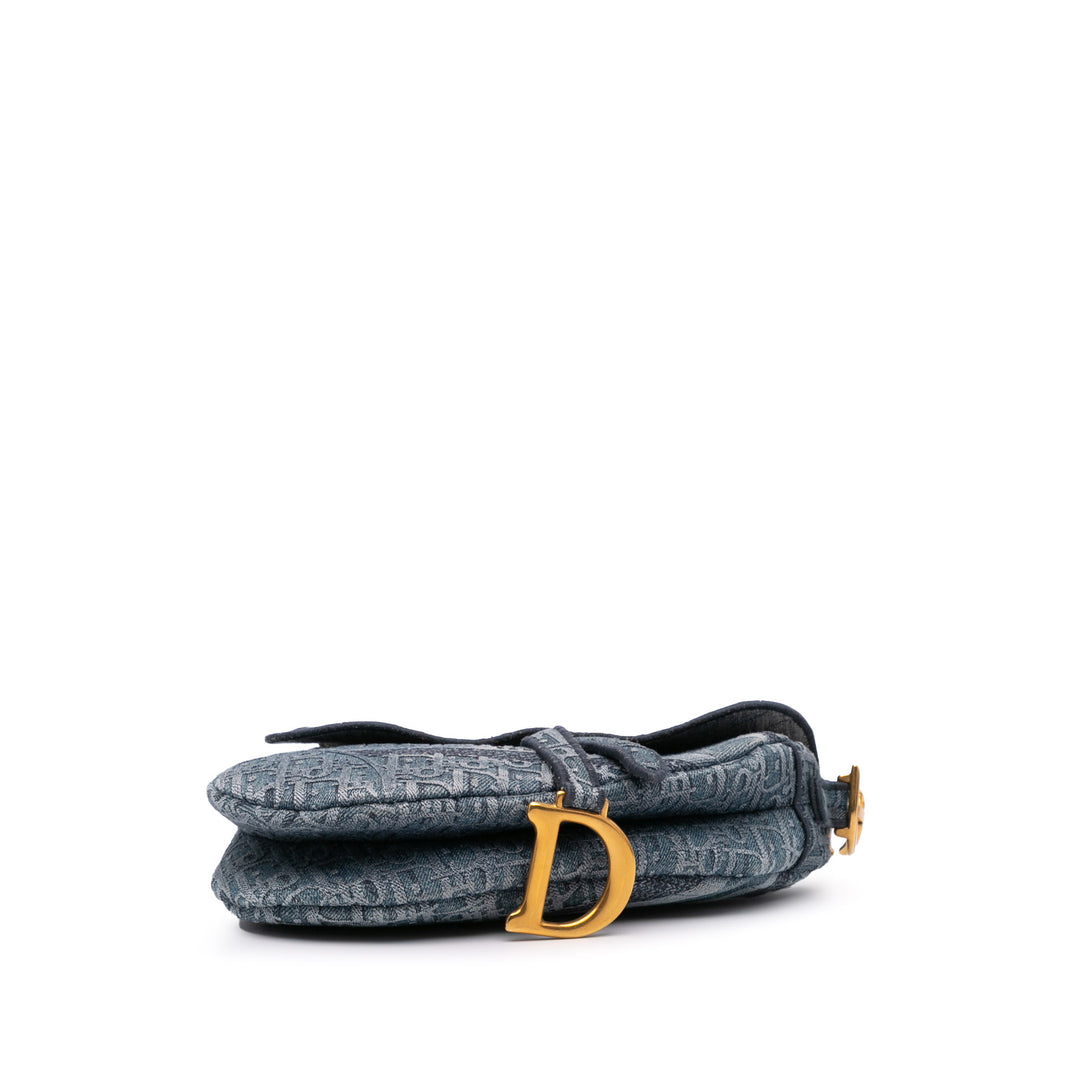 Oblique Embroidered Denim Saddle Bag Blue - Gaby Paris