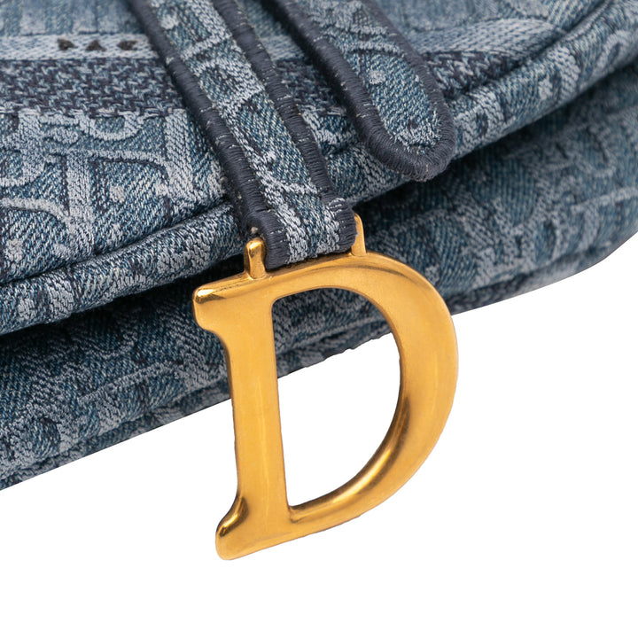 Oblique Embroidered Denim Saddle Bag Blue - Gaby Paris