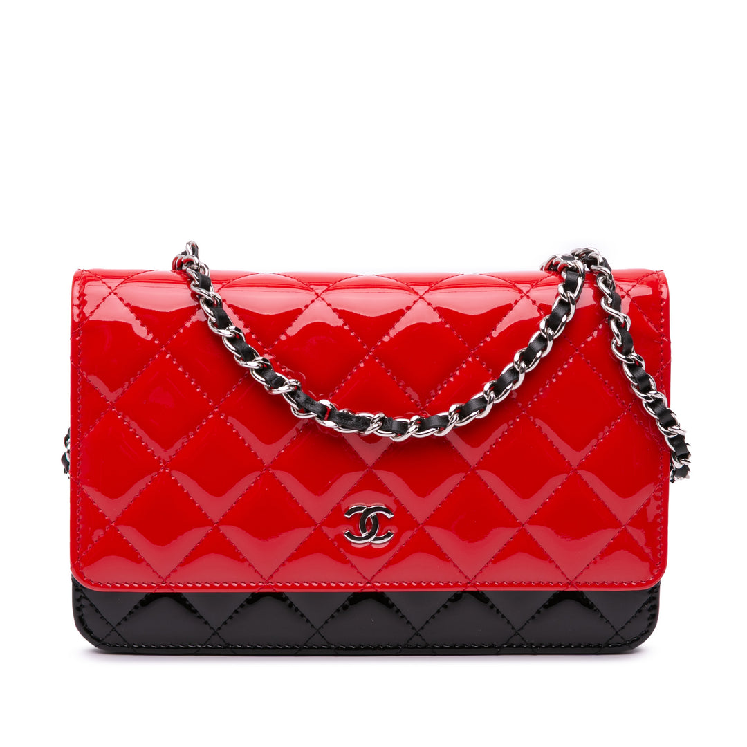 CC Bicolor Quilted Patent Wallet on Chain Red - Gaby Paris