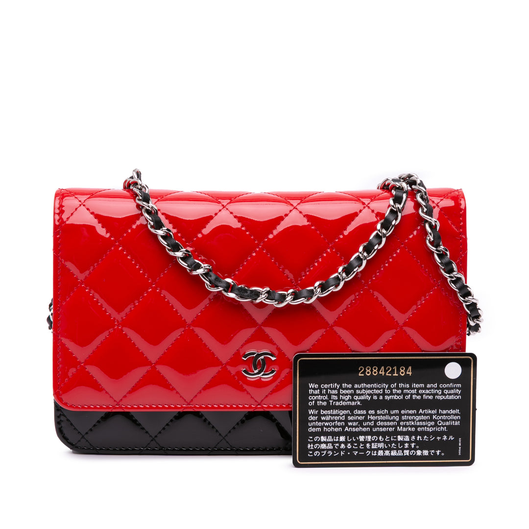 CC Bicolor Quilted Patent Wallet on Chain Red - Gaby Paris