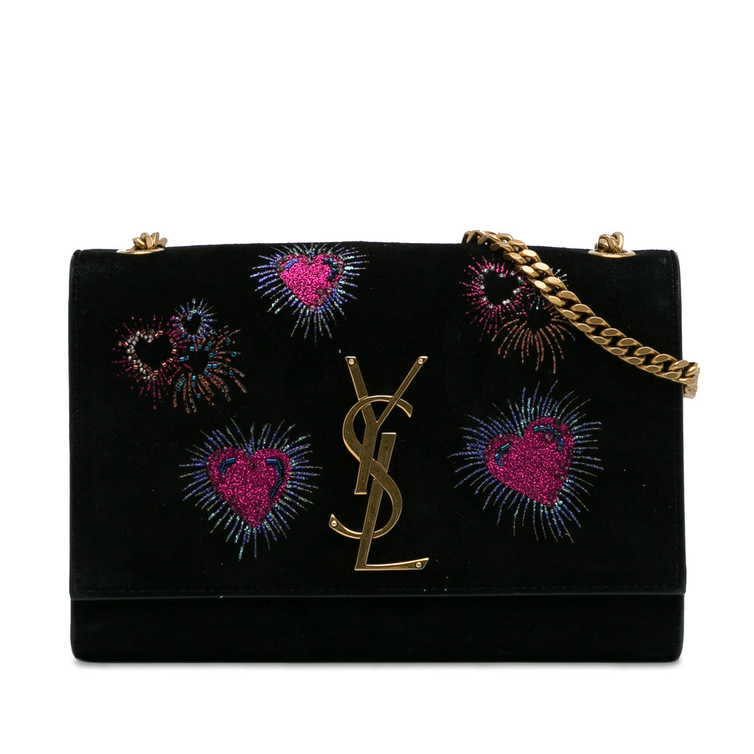 Small Suede Monogram Kate Heart Firework Crossbody Black - Gaby Paris