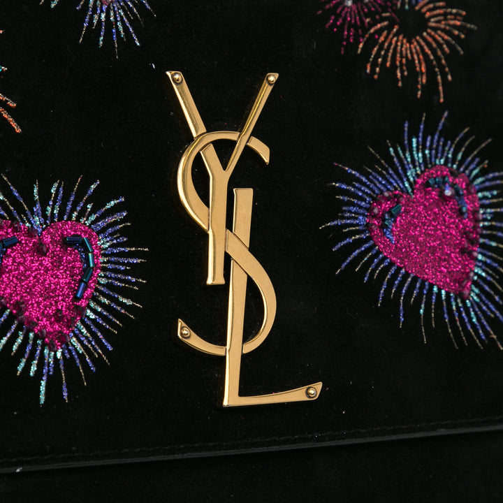 Small Suede Monogram Kate Heart Firework Crossbody Black - Gaby Paris