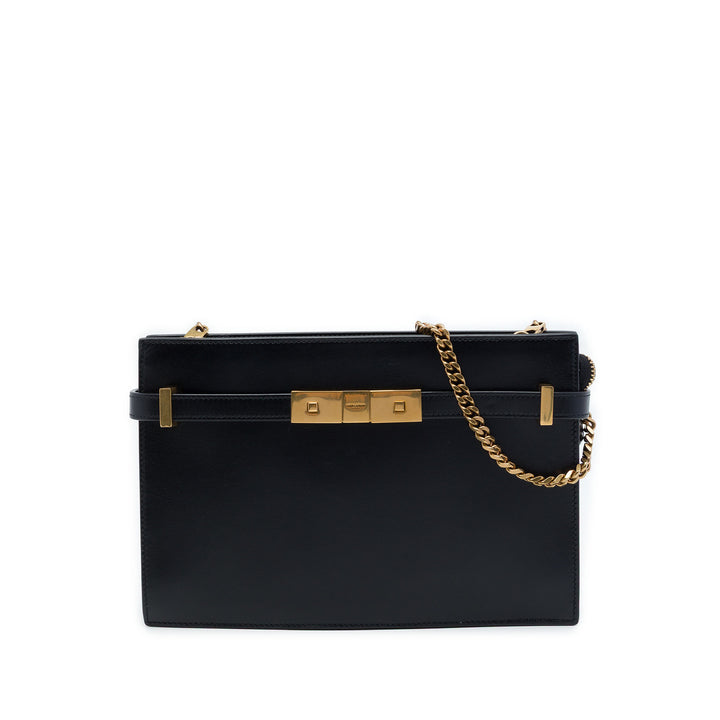 Saint Laurent Manhattan Pochette avec chaîne Cuir de veau lisse Noir – vue principale – GABY PARIS