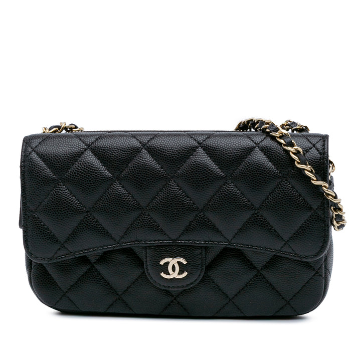 CC Quilted Caviar Flap Phone Holder Wallet on Chain Black - Gaby Paris