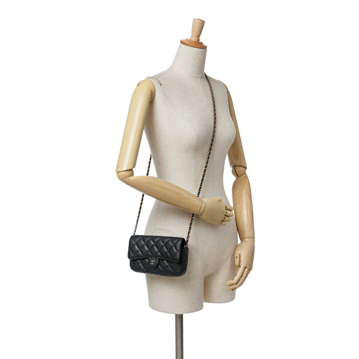 CC Quilted Caviar Flap Phone Holder Wallet on Chain Black - Gaby Paris