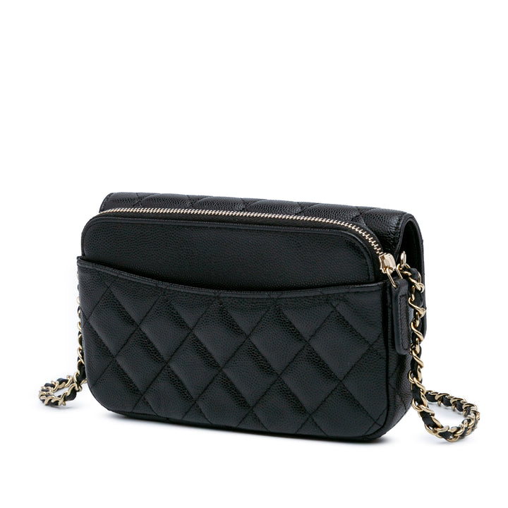 CC Quilted Caviar Flap Phone Holder Wallet on Chain Black - Gaby Paris