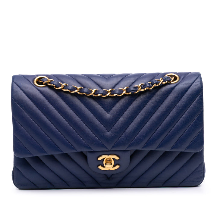 Chanel Medium Classic Chevron Cuir d’agneau Double rabat Bleu