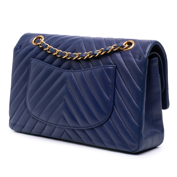 Chanel Medium Classic Chevron Cuir d’agneau Double rabat Bleu