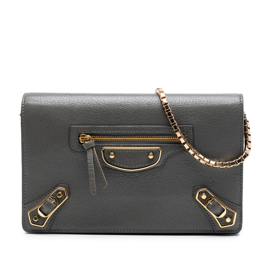 Balenciaga Cuir de chèvre Motocross Metallic Edge Wallet on Chain