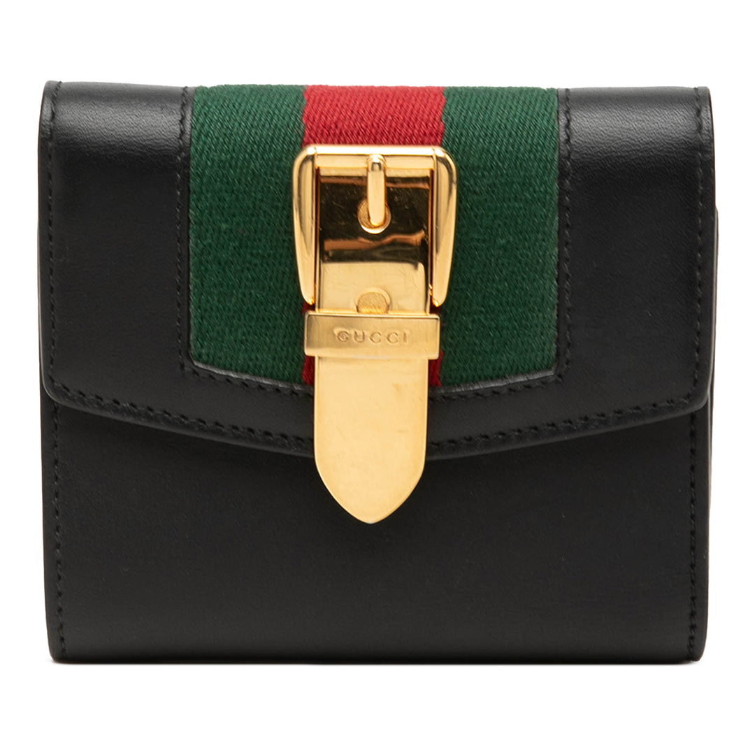 Gucci Web Sylvie Trois volets Portefeuille Petit Cuir de veau Noir – vue principale – GABY PARIS