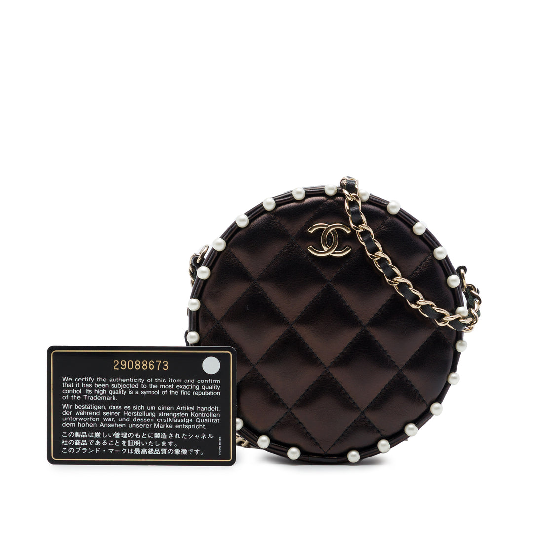 Chanel CC Matelassé Métallisé Perle clouté Rond Pochette avec chaîne Cuir d'agneau Marron – vue 7 – GABY PARIS