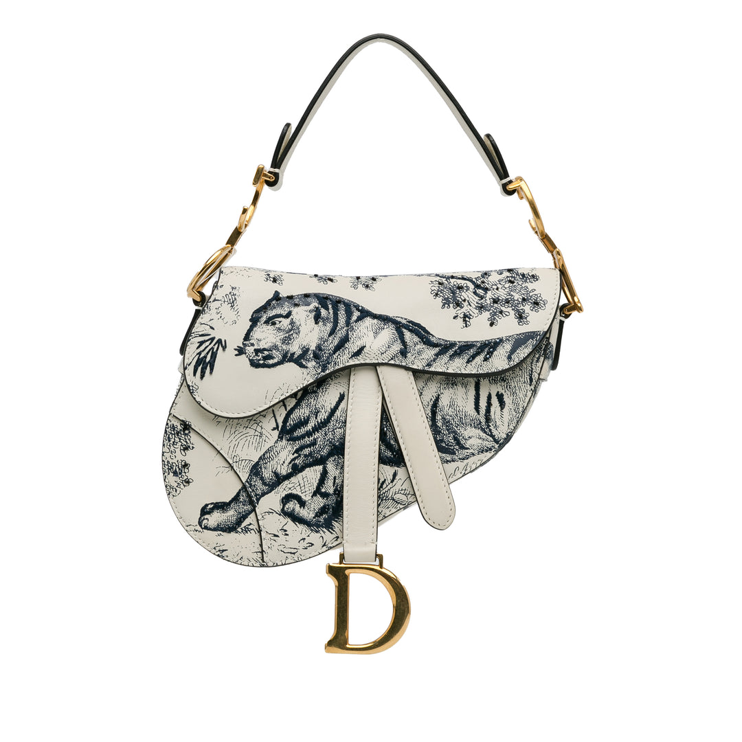 Mini Calfskin Toile de Jouy Saddle Bag White - Gaby Paris