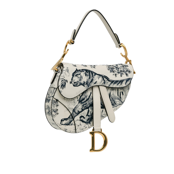 Mini Calfskin Toile de Jouy Saddle Bag White - Gaby Paris