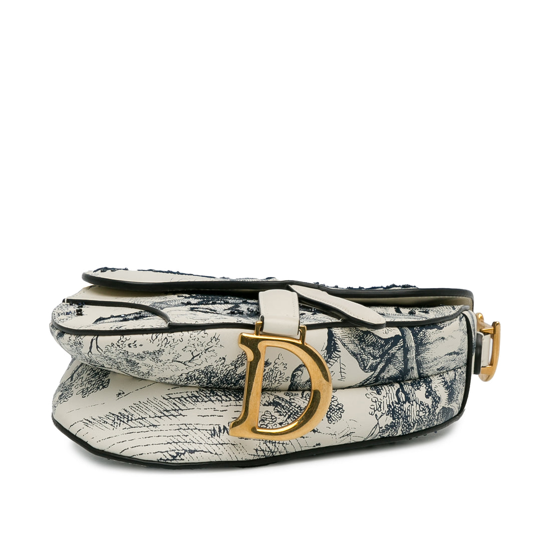 Mini Calfskin Toile de Jouy Saddle Bag White - Gaby Paris