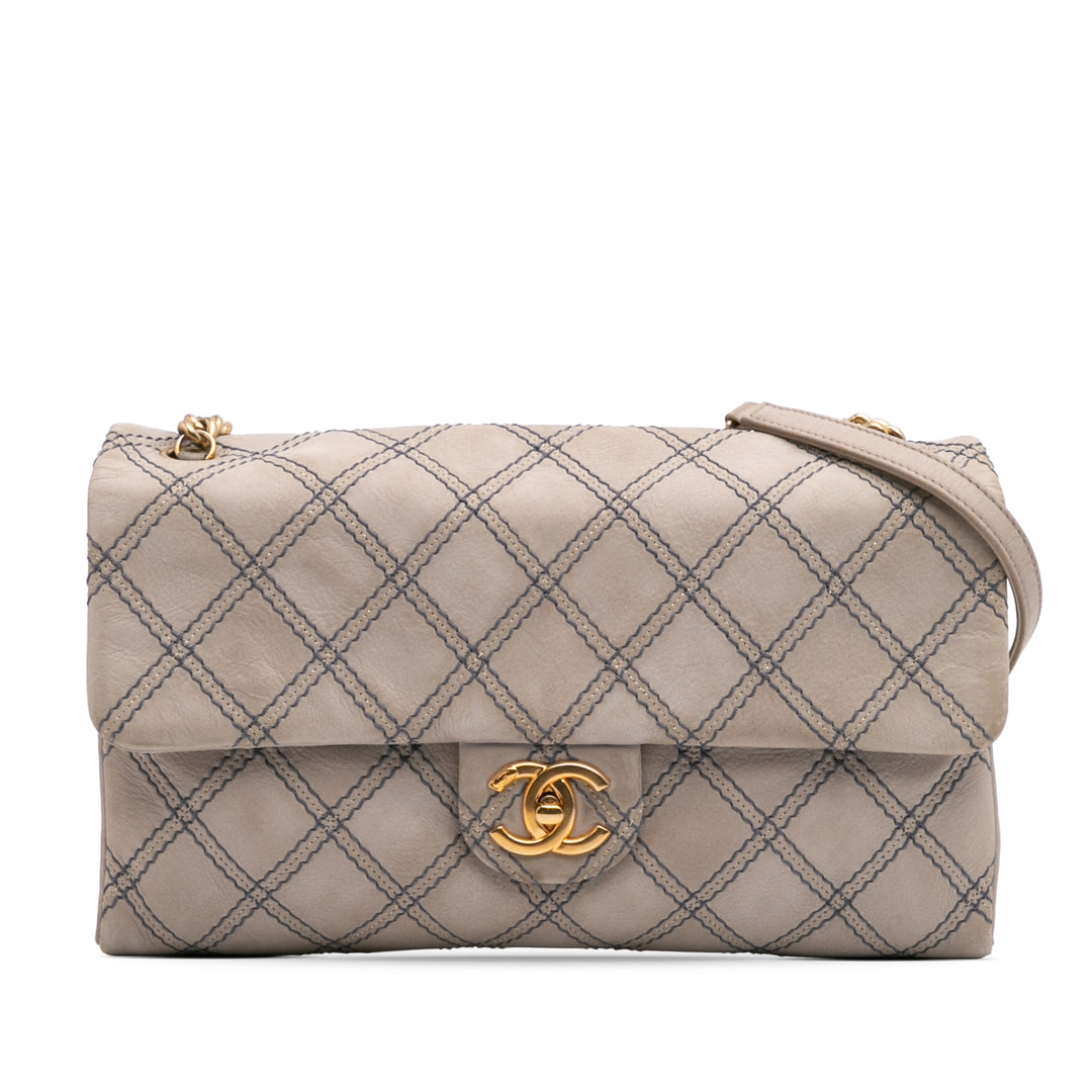 Jumbo Quilted Calfskin Triple Stitched Flap Gray - Gaby Paris