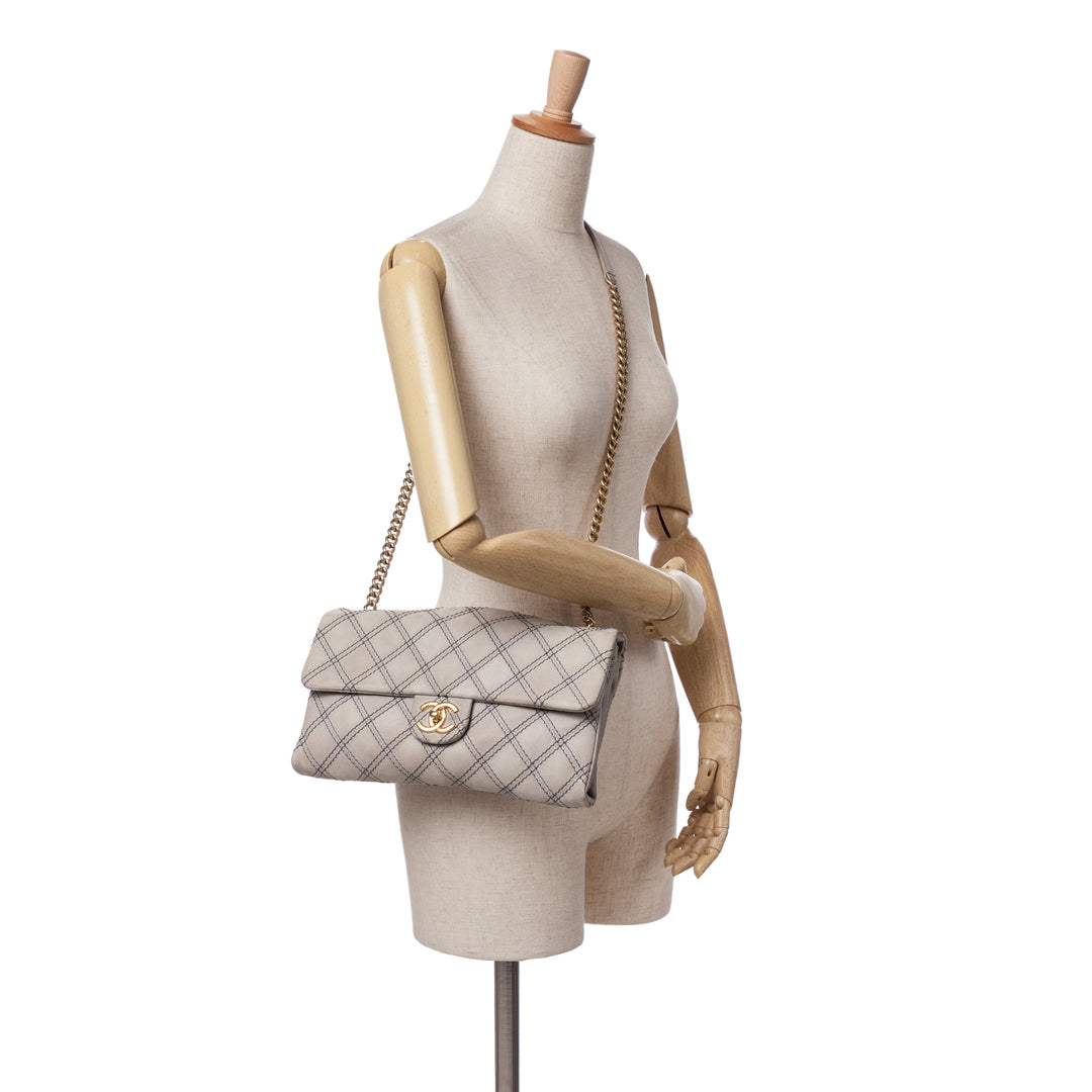 Jumbo Quilted Calfskin Triple Stitched Flap Gray - Gaby Paris