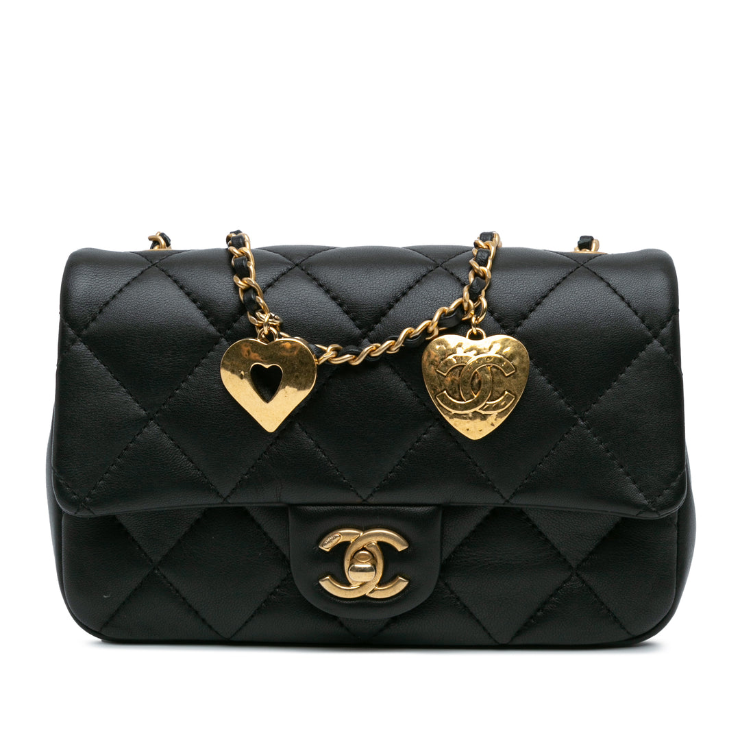 Mini Quilted Lambskin Heart Charms Flap Black - Gaby Paris