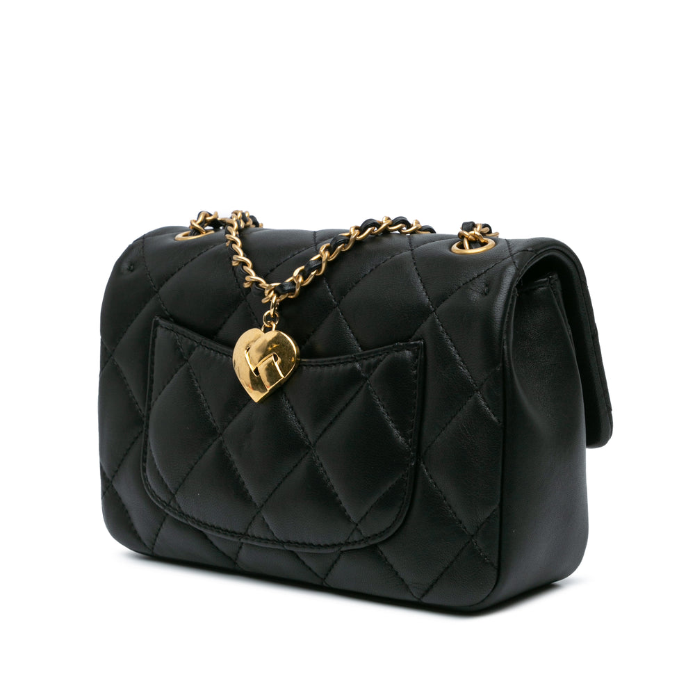 Mini Quilted Lambskin Heart Charms Flap Black - Gaby Paris