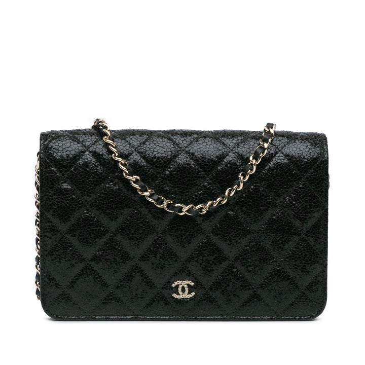 Quilted Crackled Patent Calfskin Pearl Wallet On Chain Black - Gaby Paris