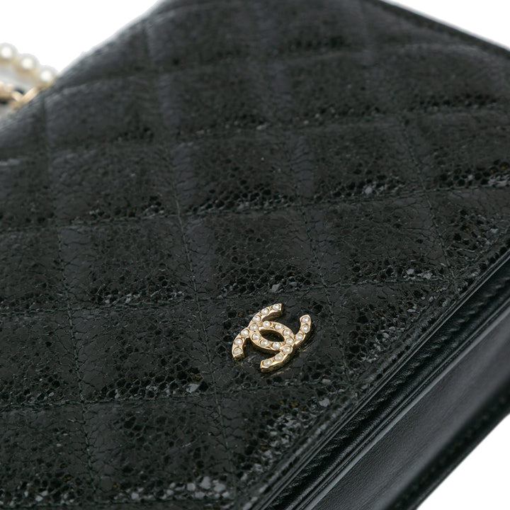 Quilted Crackled Patent Calfskin Pearl Wallet On Chain Black - Gaby Paris