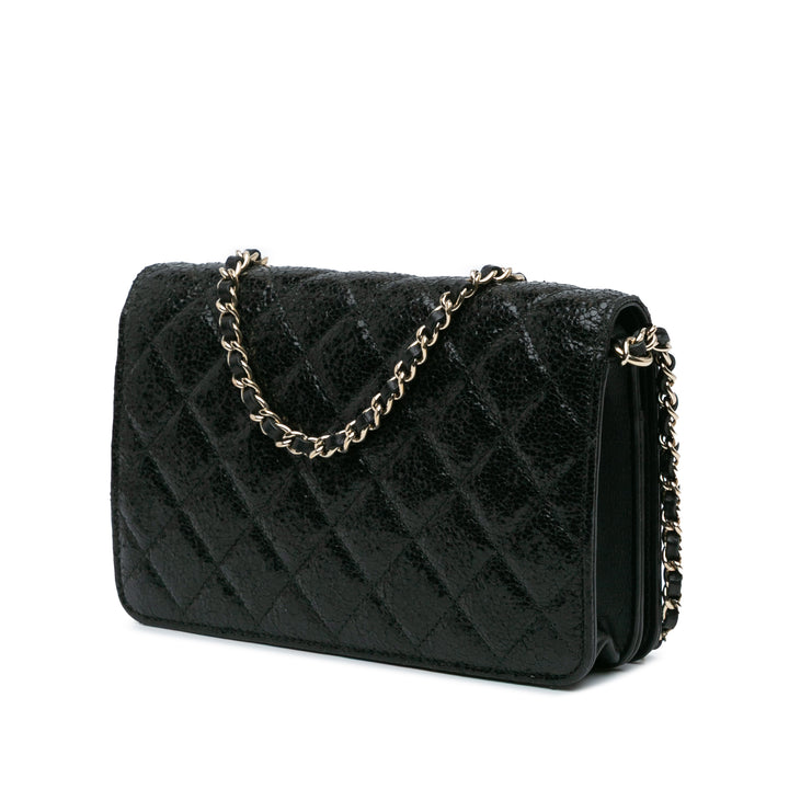 Quilted Crackled Patent Calfskin Pearl Wallet On Chain Black - Gaby Paris