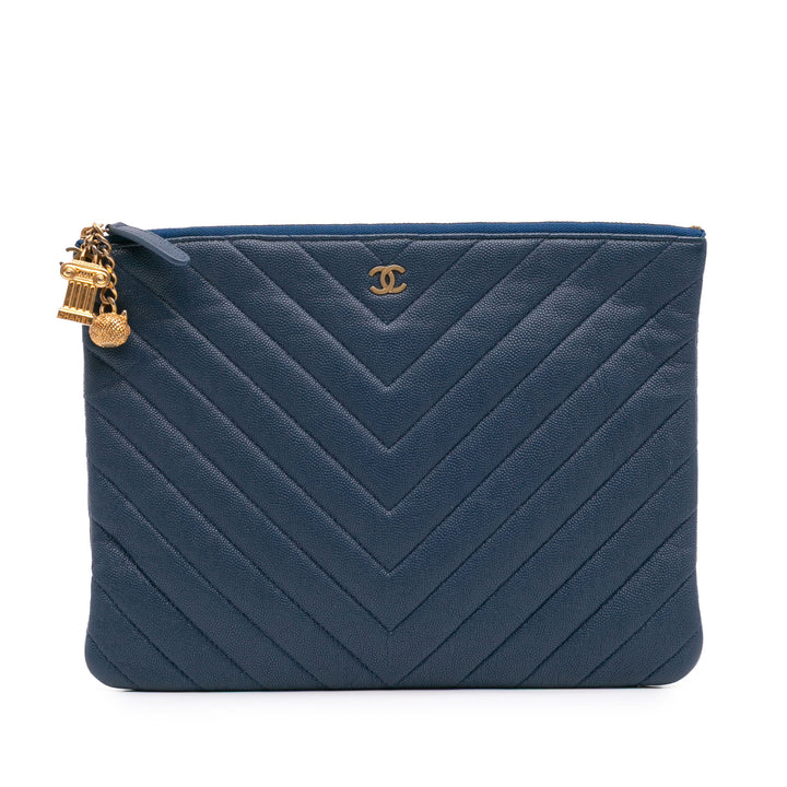 Medium Chevron Caviar Ancient Greek Charms O Case Clutch Blue - Gaby Paris