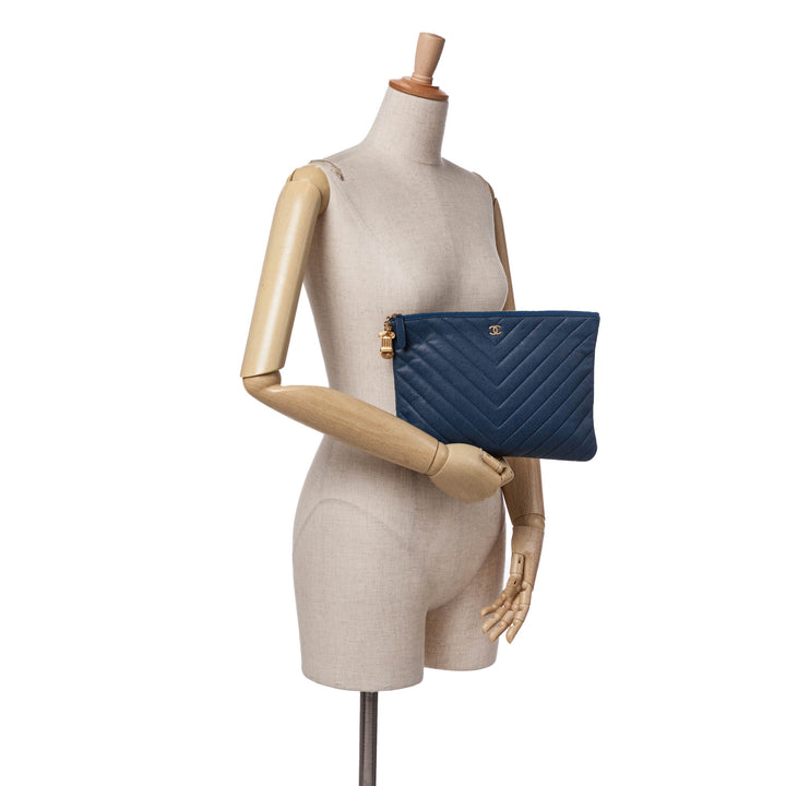 Medium Chevron Caviar Ancient Greek Charms O Case Clutch Blue - Gaby Paris
