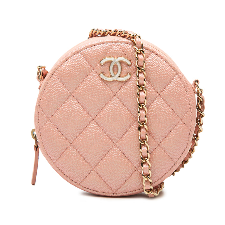 Chanel CC Matelassé Irisé Rond Pochette avec chaîne Cuir caviar