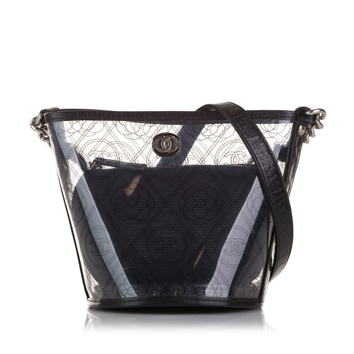 Chanel Crumpled Calfskin PVC Camellia Bucket Black - GABY PARIS