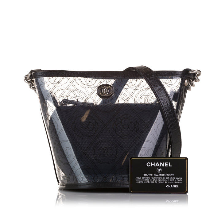 Chanel Crumpled Calfskin PVC Camellia Bucket Black - GABY PARIS