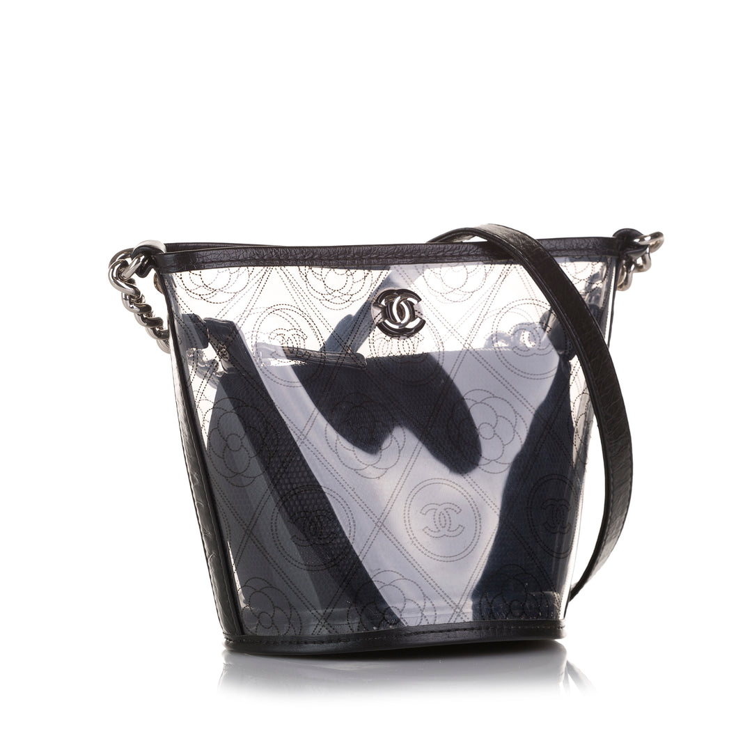 Chanel Crumpled Calfskin PVC Camellia Bucket Black - GABY PARIS