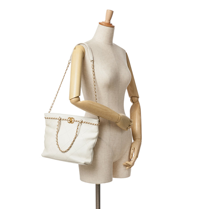 Quilted Calfskin CC Lock Chain Shopping Tote White - Gaby Paris