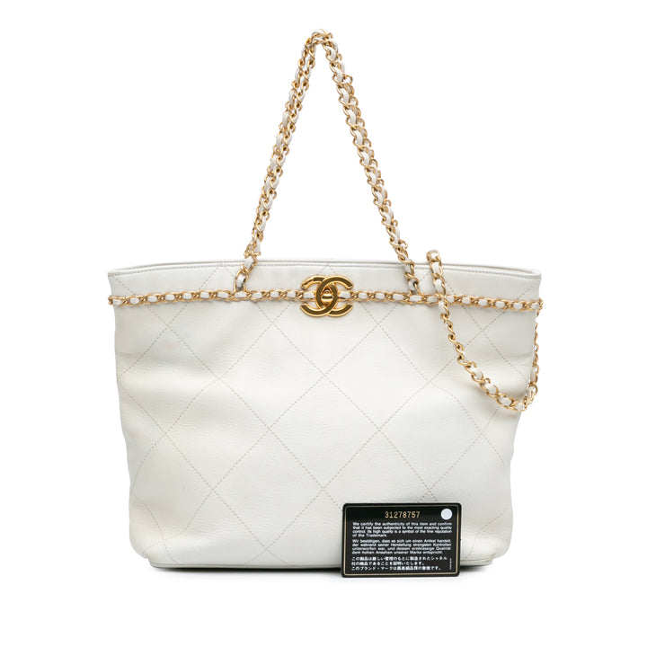 Quilted Calfskin CC Lock Chain Shopping Tote White - Gaby Paris