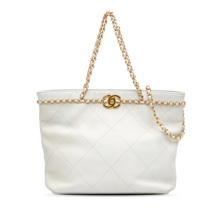 Quilted Calfskin CC Lock Chain Shopping Tote White - Gaby Paris