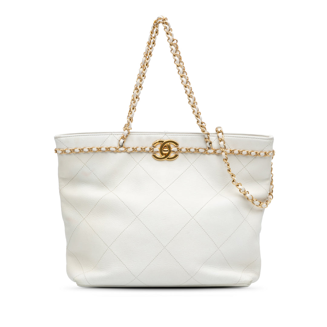 Quilted Calfskin CC Lock Chain Shopping Tote White - Gaby Paris