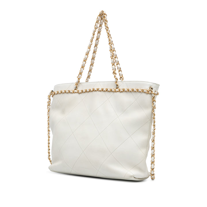Quilted Calfskin CC Lock Chain Shopping Tote White - Gaby Paris