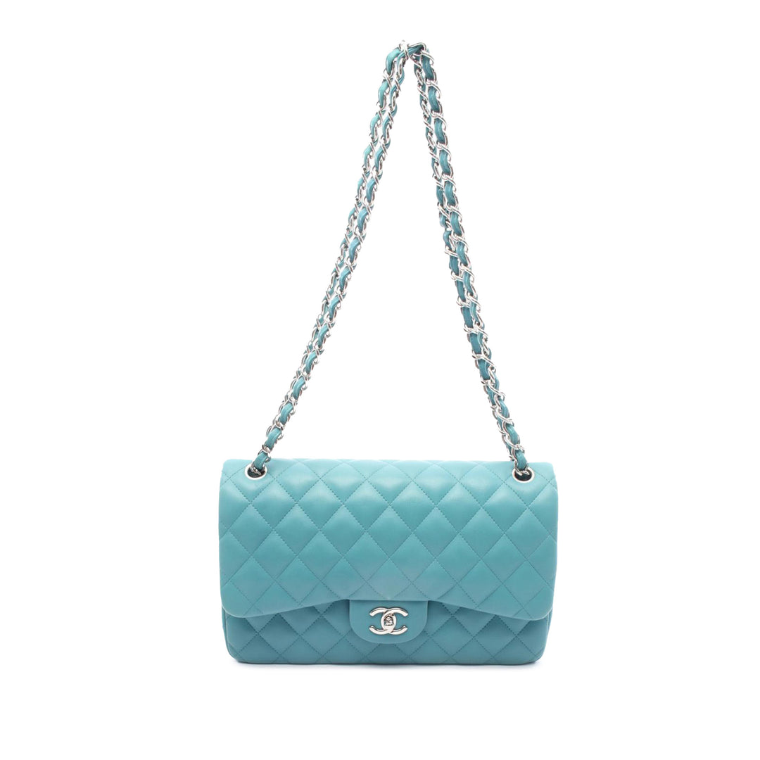 Jumbo Classic Lambskin Double Flap Blue - Gaby Paris