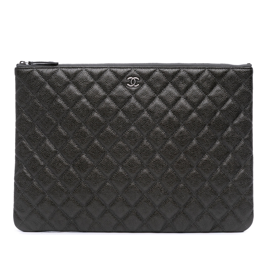 Large Quilted Caviar O Case Clutch Black - Gaby Paris