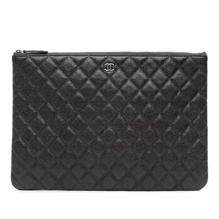 Large Quilted Caviar O Case Clutch Black - Gaby Paris