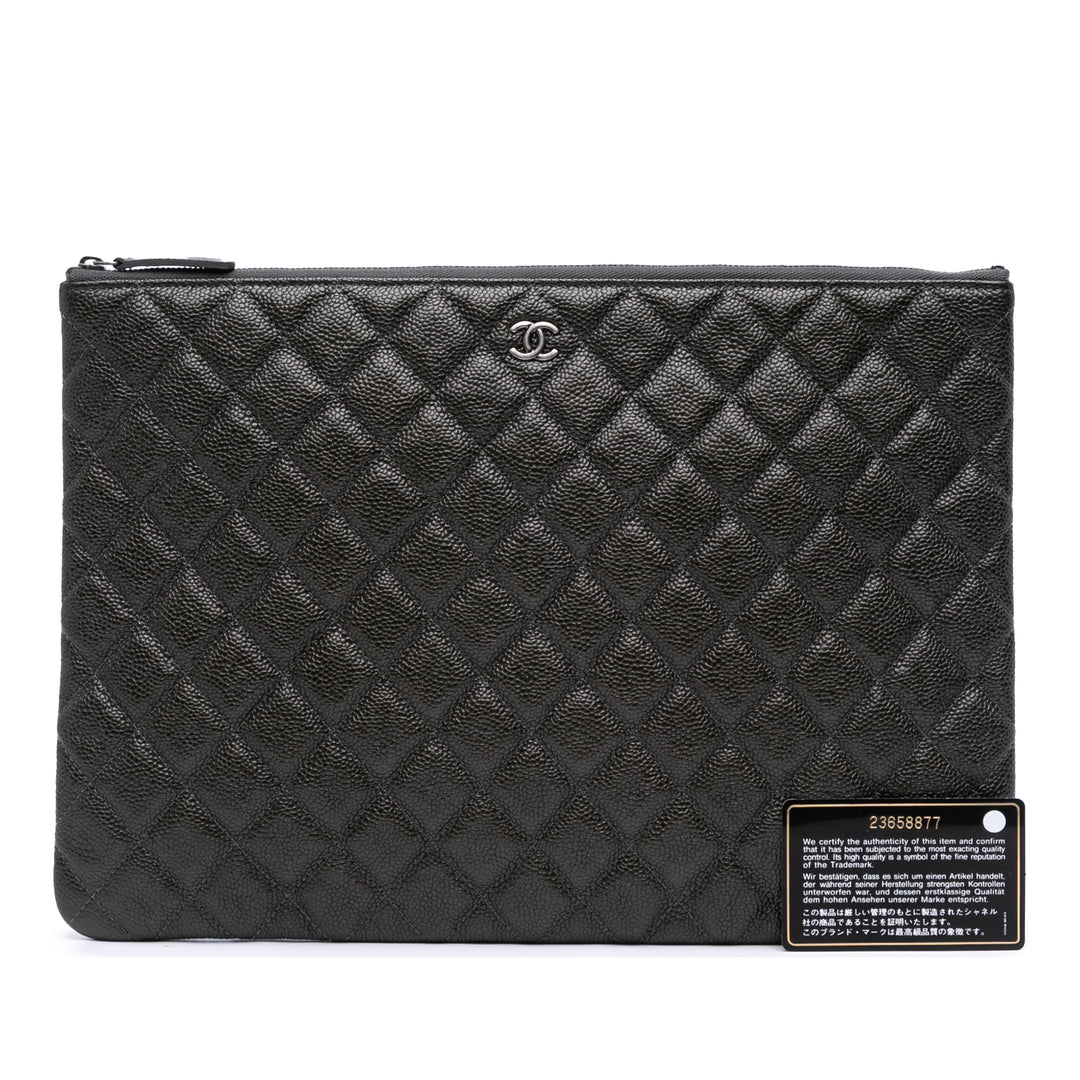 Large Quilted Caviar O Case Clutch Black - Gaby Paris