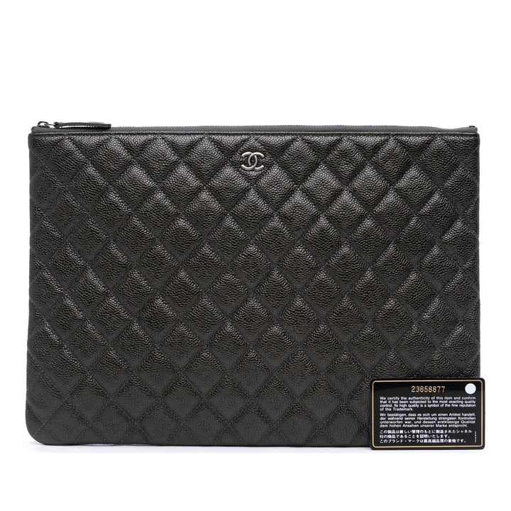 Large Quilted Caviar O Case Clutch Black - Gaby Paris