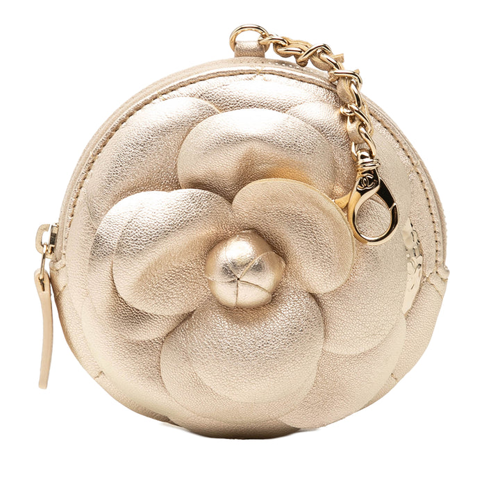 Chanel Mini CC Metallic Cuir d'agneau Camellia Bouquet Rond Zip Coin Pochette