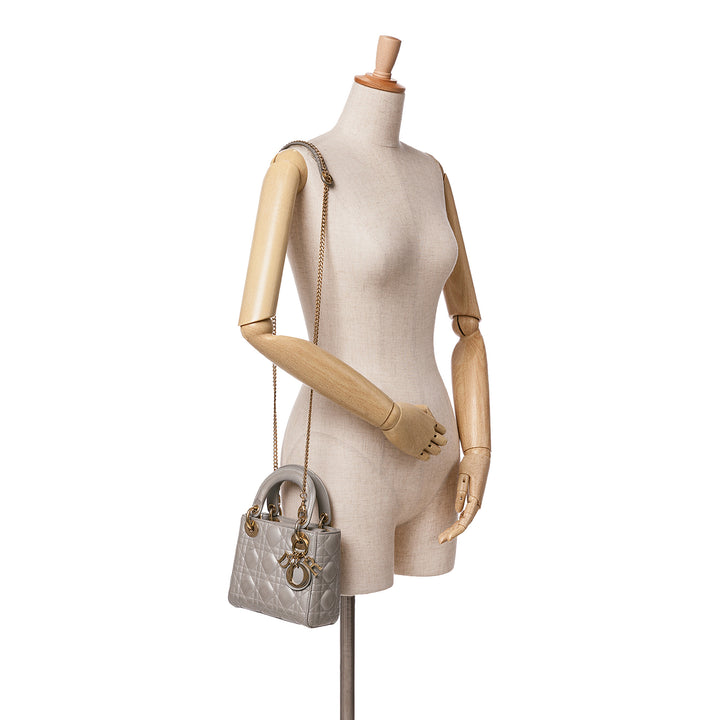Mini Metallic Lambskin Cannage Lady Dior Gray - Gaby Paris
