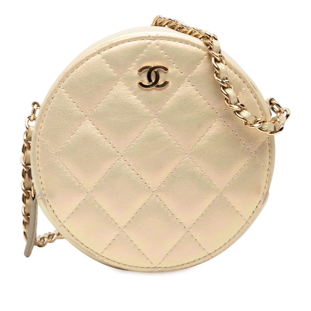 Chanel Quilted Iridescent Cuir d’agneau Round Pochette With Chain Doré – GABY PARIS Authentique