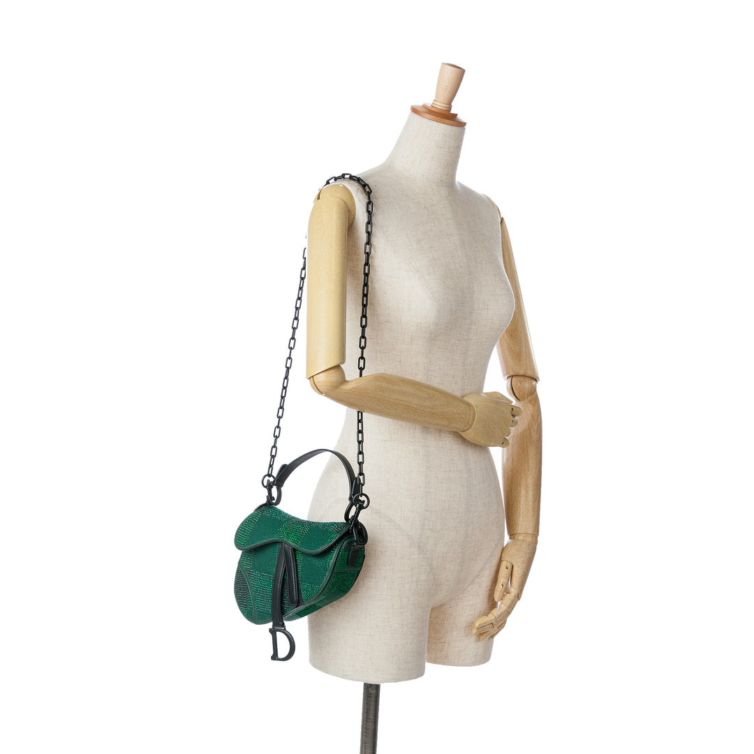 Mini Calfskin Crystal Saddle Bag Green - Gaby Paris